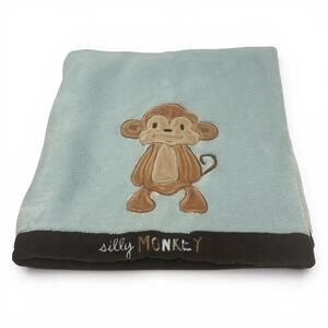 Just One Year Carters “Silly Monkey” Baby Blanket Blue Brown Trim